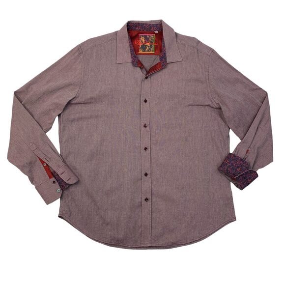 Robert Graham Shirt Mens XXL Burgundy Grey Cotton Flip Cuff Printed Button Up - Picture 1 of 13